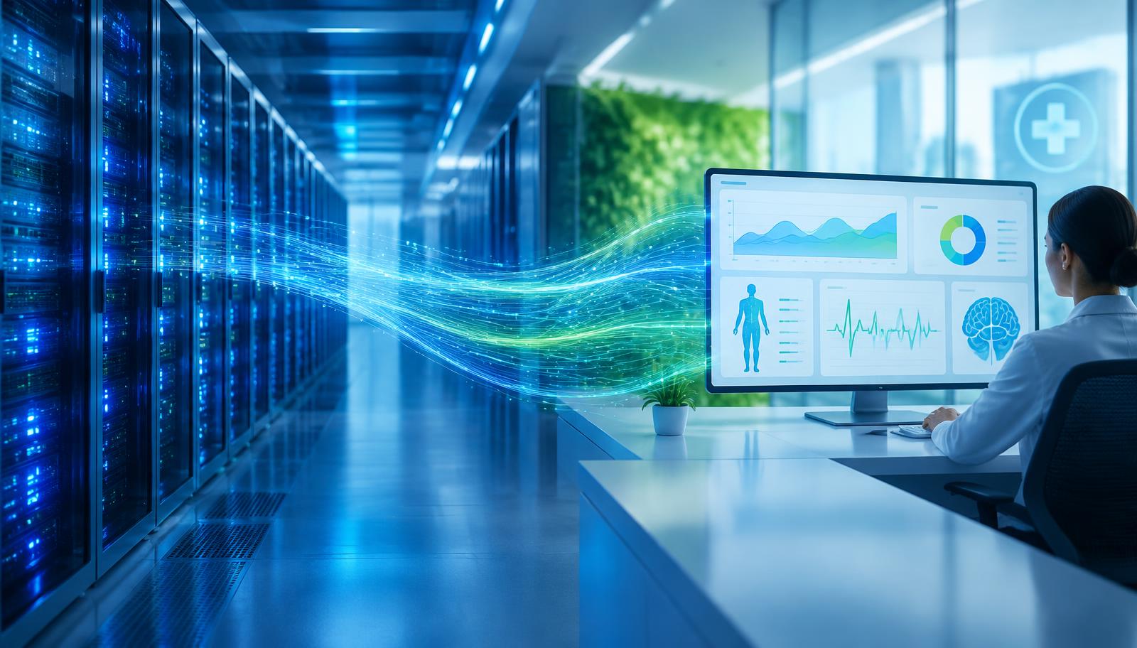 Server room with streams of data flowing toward an analytics dashboard.