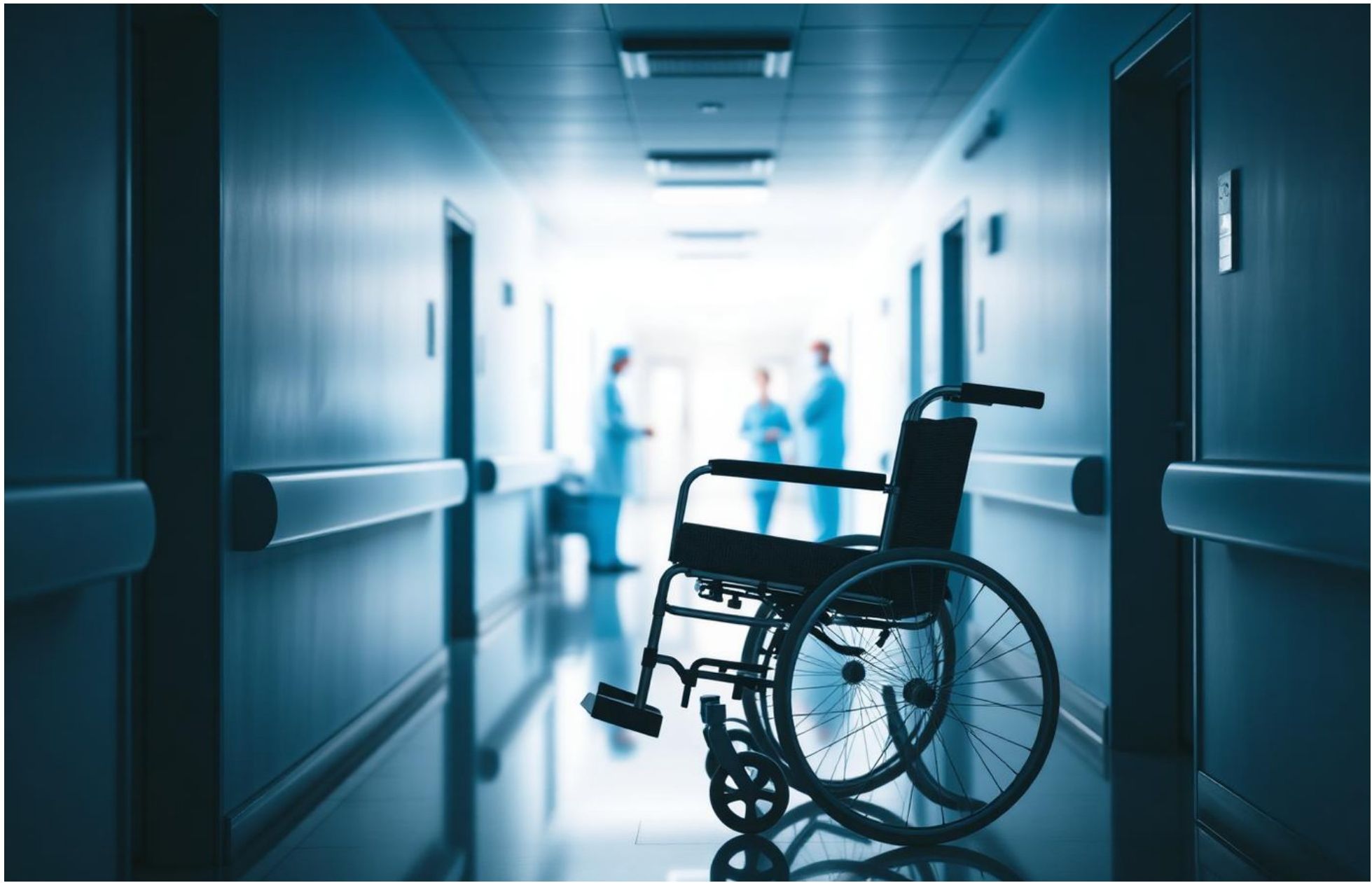 Hospital hallway with a wheelchair in the foreground and medical staff in the background.