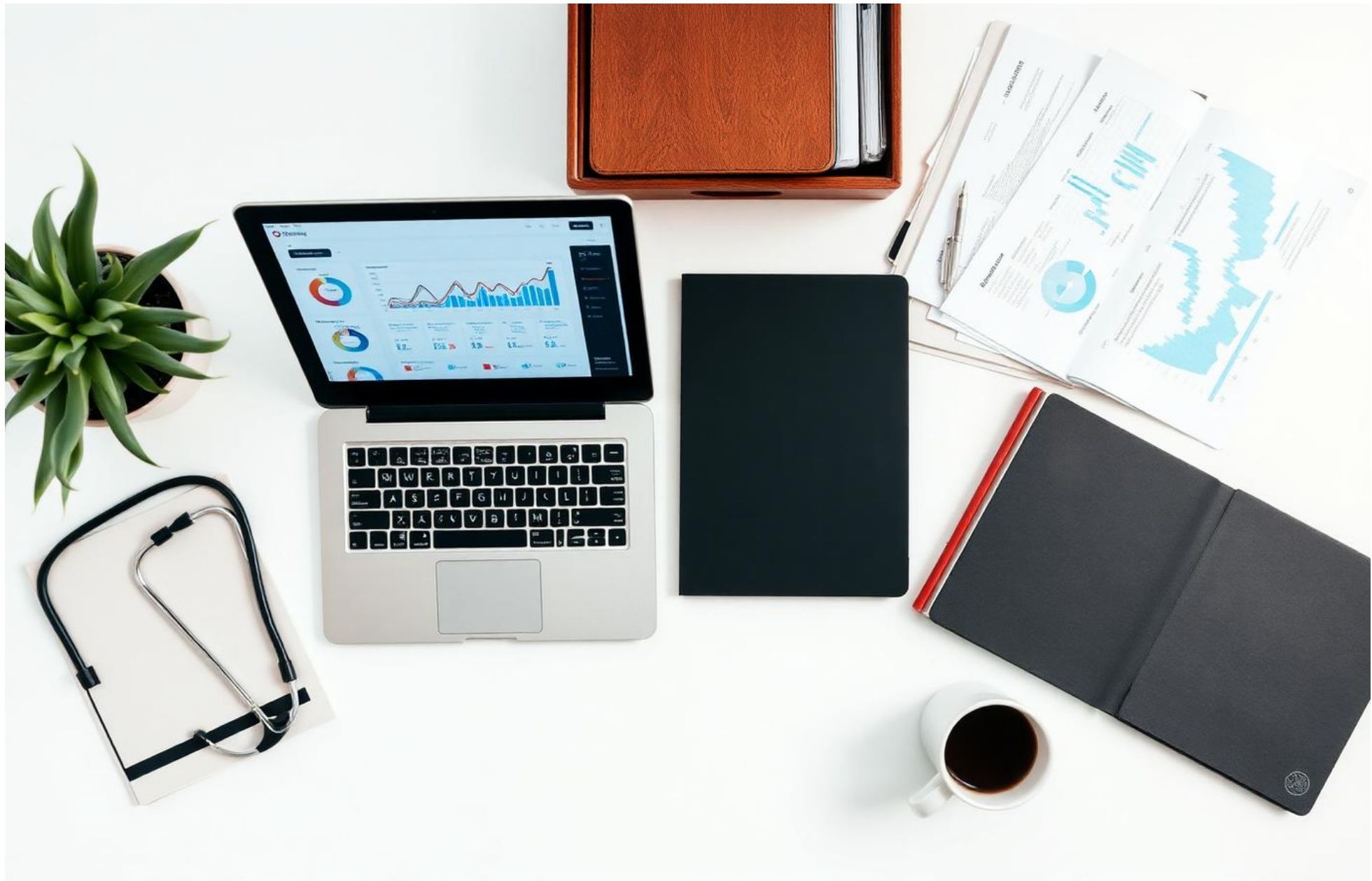 Top-down view of a desk with a laptop displaying analytics, a stethoscope on a clipboard, notebooks, and documents with charts.