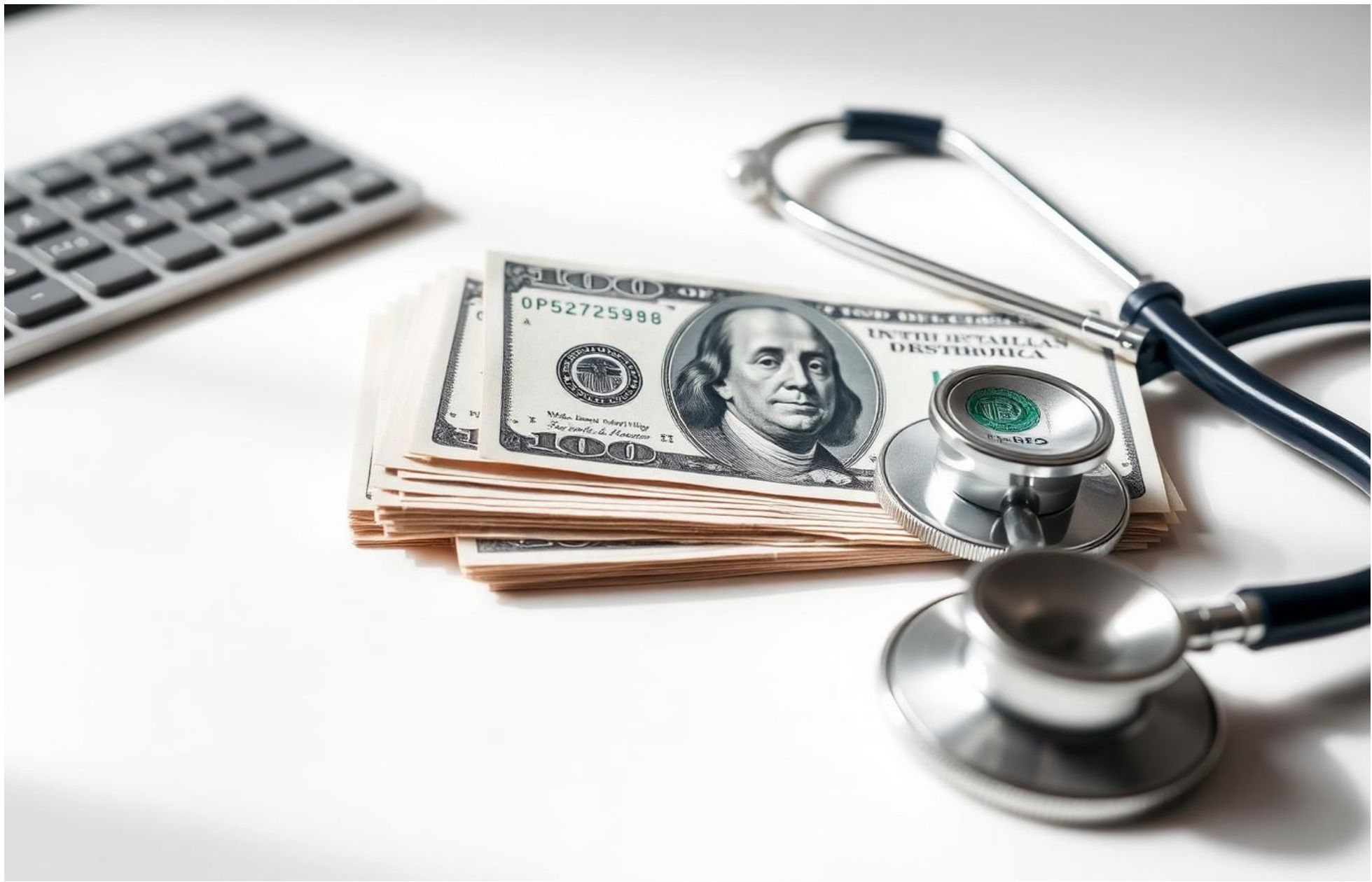 A stack of hundred dollar bills with a stethoscope resting on top.