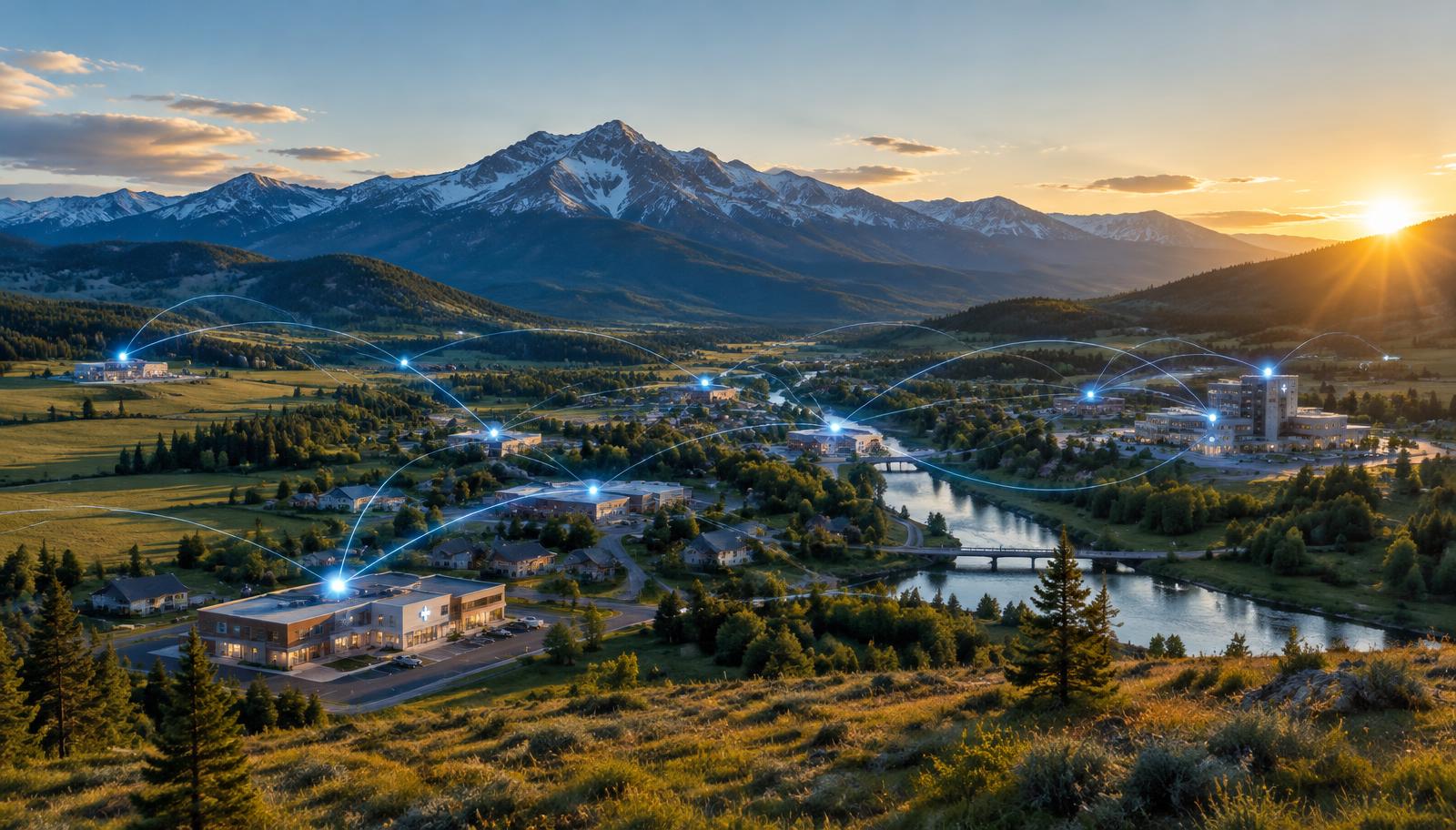 Idaho mountain valley with glowing lines connecting clinics and hospitals across the landscape.